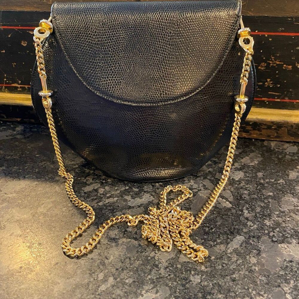 vintage Rodo Italy Black Lizard-Embossed Leather Half-Moon Crossbody Bag